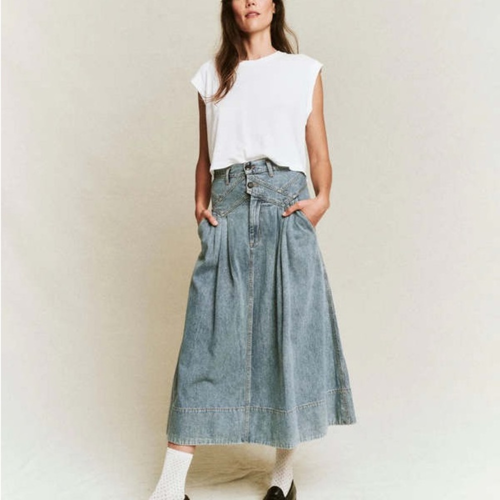 THE GREAT. Light Blue Denim Midi Skirt